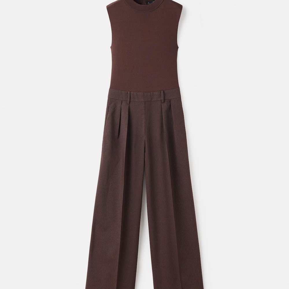 MANGO - Pinstripe jumpsuit combination chocolate - M - Woman